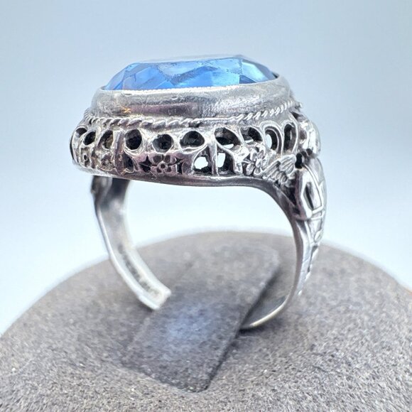 VTG Sterling Silver 925 Blue Cubic Zirconia Rope Border Statement Ring Size 6 - Picture 3 of 12